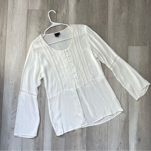 Vintage Bohemian Top lace pintuck flare sleeve womens White (medium) romantic